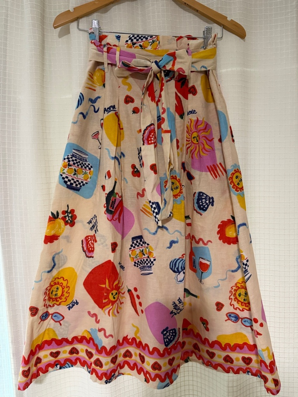 Her Destiny Linen skirt A-line sz Small midi Pockets belted beach Paris Anthro